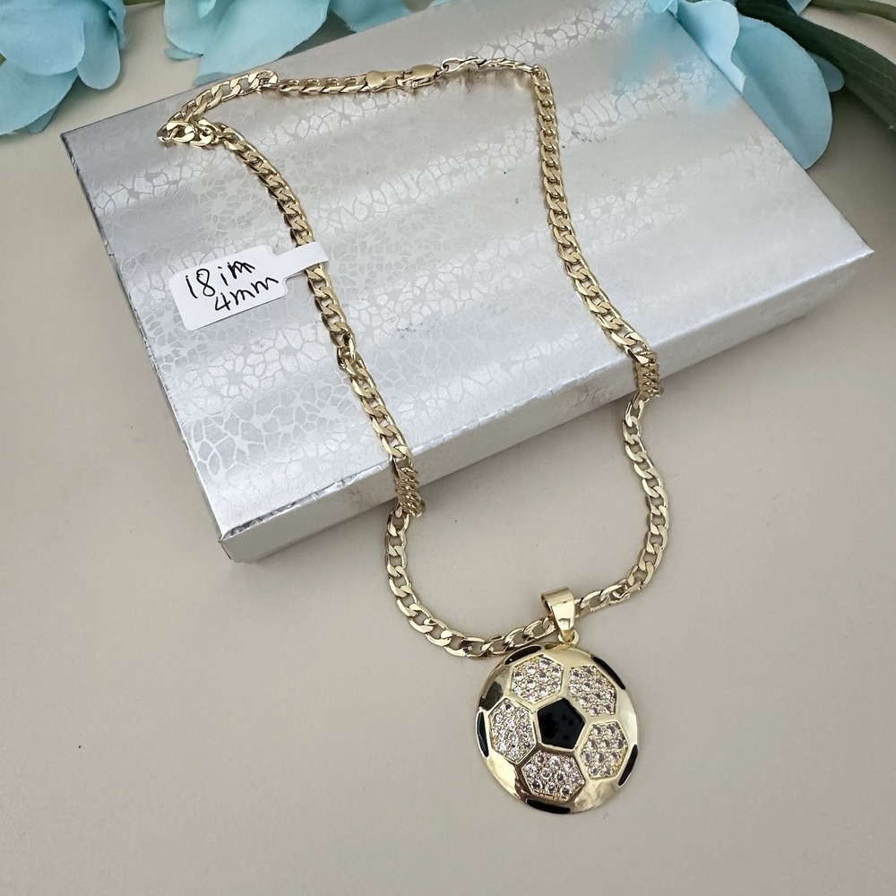 14k Gold Plated Chain‎ Necklace Ball Sport Pendant Cuban Link 18'' Oro Laminado